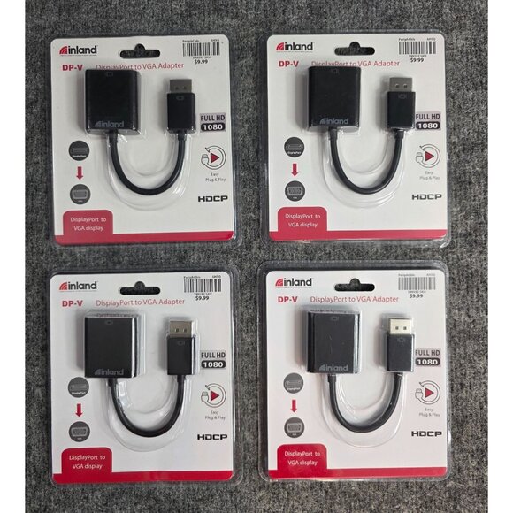 Inland DisplayPort To VGA Adapter Full HD 1080P Plug Play For PC/Mac (Lot Of 4) - Picture 1 of 5